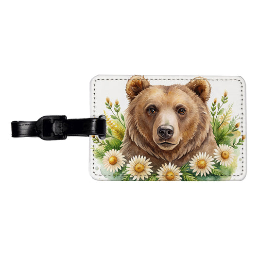 Brown Bear Watercolor Design With Daisies Travel Faux Leather Luggage Tag