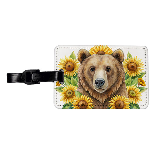 Brown Bear Watercolor Design With Sunflowers Travel Faux Leather Luggage Tag