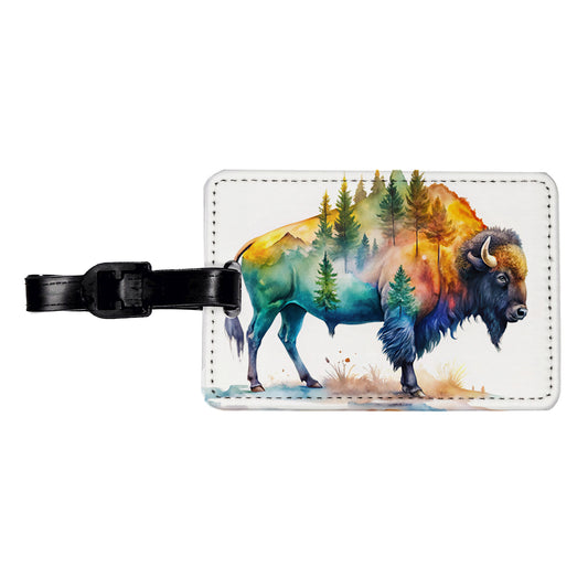 Buffalo In Forest Watercolor Design Travel Faux Leather Luggage Tag