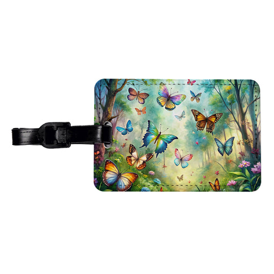 Butterflies In Forest Fantasy Watercolor Travel Faux Leather Luggage Tag