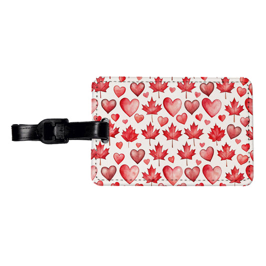 Canada Flags Maple Leaf Hearts Watercolor Travel Faux Leather Luggage Tag