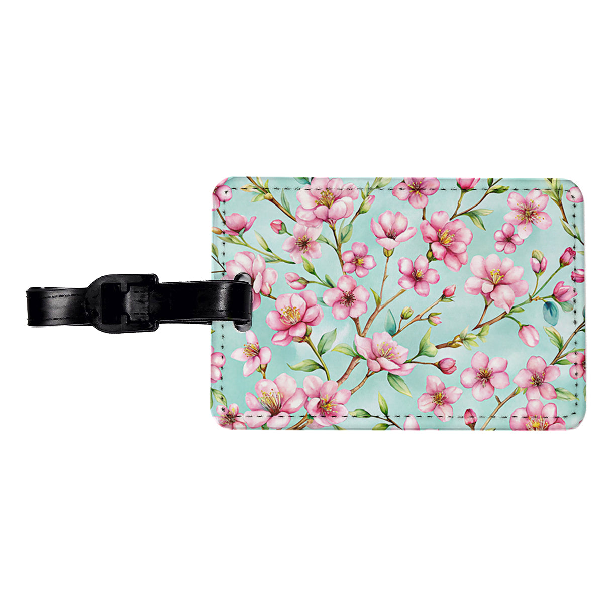 Cherry Blossom Flowers Light Blue Travel Faux Leather Luggage Tag