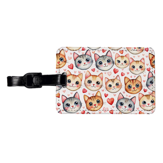 Cute Cat Faces Hearts Watercolor Travel Faux Leather Luggage Tag