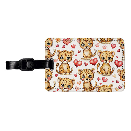 Cute Cheetahs Hearts Watercolor Travel Faux Leather Luggage Tag