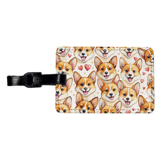 Cute Corgi Dog Faces Hearts Travel Faux Leather Luggage Tag