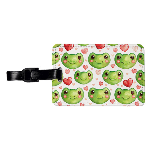 Cute Frog Faces Hearts Watercolor Travel Faux Leather Luggage Tag
