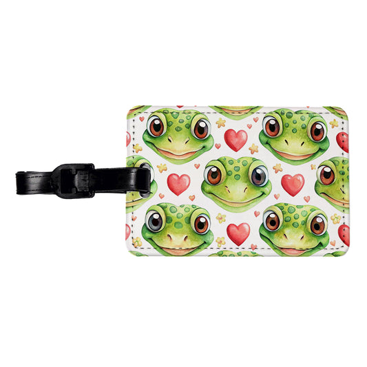 Cute Gecko Faces Hearts Watercolor Travel Faux Leather Luggage Tag