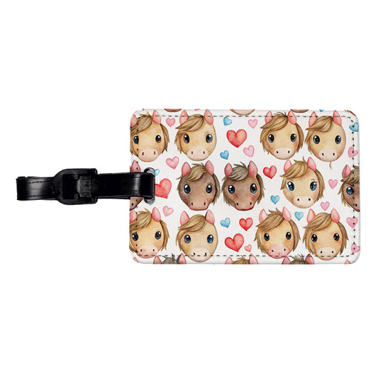 Cute Horse Faces Hearts Watercolor Travel Faux Leather Luggage Tag