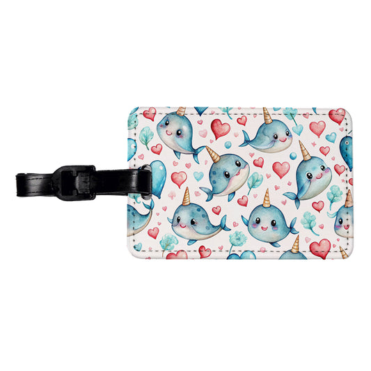 Cute Narwhals Hearts Watercolor Travel Faux Leather Luggage Tag