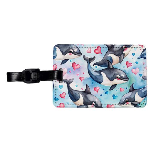 Cute Orcas Whales Hearts Watercolor Travel Faux Leather Luggage Tag