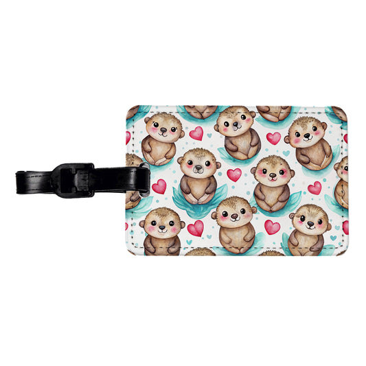 Cute Otters Hearts Watercolor Travel Faux Leather Luggage Tag