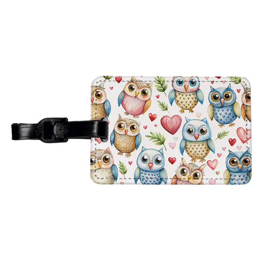 Cute Owls Hearts Watercolor Travel Faux Leather Luggage Tag