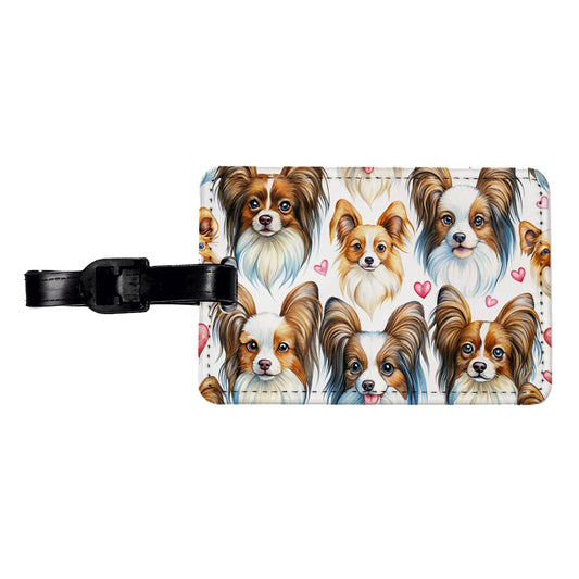 Cute Papillion Dog Faces Hearts Travel Faux Leather Luggage Tag