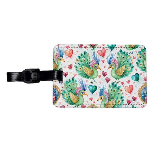 Cute Peacocks Hearts Watercolor Travel Faux Leather Luggage Tag