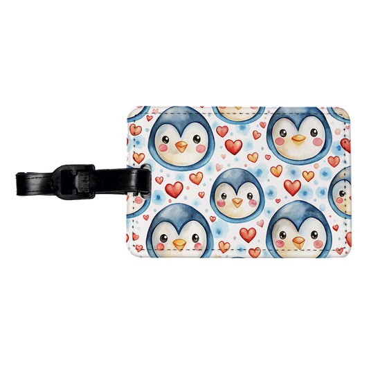 Cute Penguin Faces Hearts Watercolor Travel Faux Leather Luggage Tag