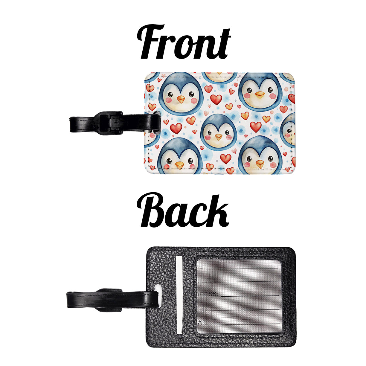 Cute Penguin Faces Hearts Watercolor Travel Faux Leather Luggage Tag