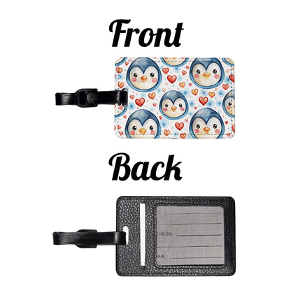 Cute Penguin Faces Hearts Watercolor Travel Faux Leather Luggage Tag