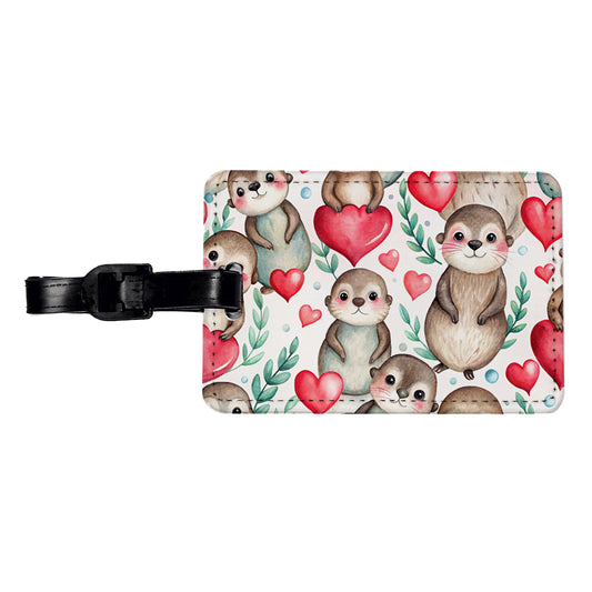 Cute River Otter Hearts Watercolor Travel Faux Leather Luggage Tag