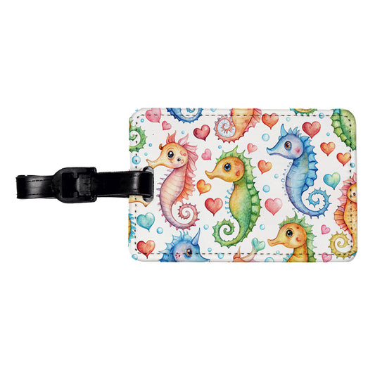 Cute Seahorses Hearts Watercolor Travel Faux Leather Luggage Tag