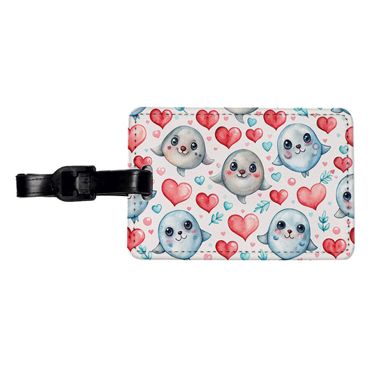 Cute Seals Hearts Watercolor Travel Faux Leather Luggage Tag