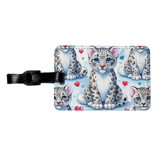 Cute Snow Leopard Hearts Watercolor Travel Faux Leather Luggage Tag