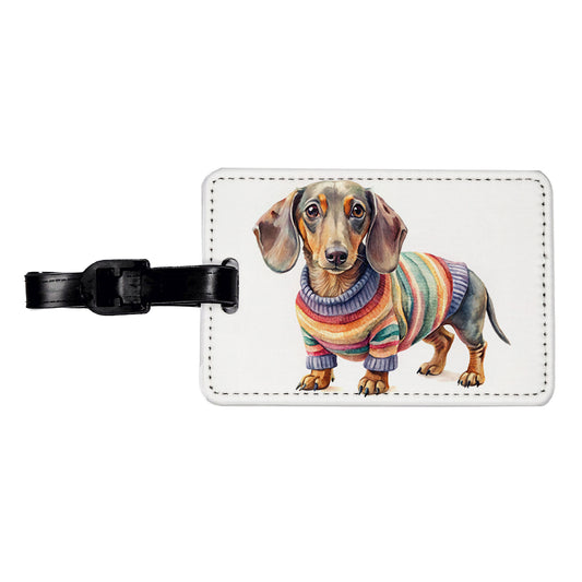 Dachshund Dog Wearing A Sweater Watercolor Travel Faux Leather Luggage Tag