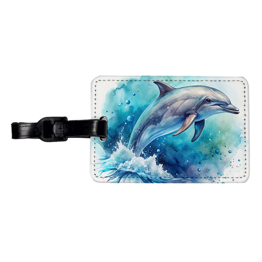 Dolphin In Ocean Watercolor Travel Faux Leather Luggage Tag