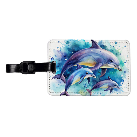 Dolphins Family Watercolor Design Travel Faux Leather Luggage Tag
