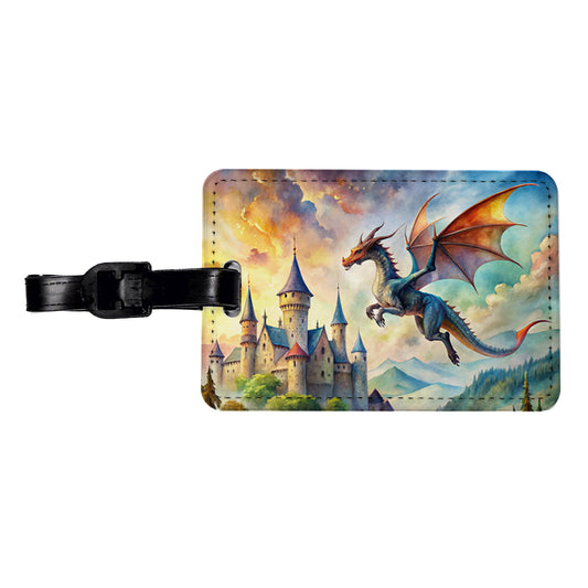 Dragon Flying Over Castle Watercolor Fantasy Travel Faux Leather Luggage Tag
