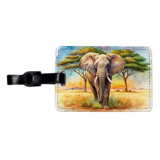 Elephant African Plain Watercolor Design Travel Faux Leather Luggage Tag