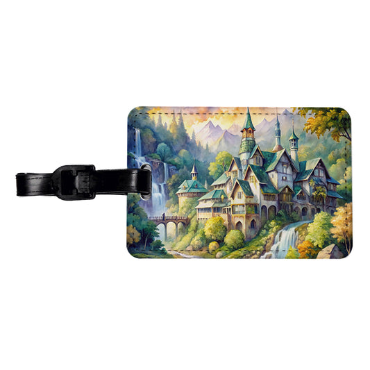 Elvish Elven Castle Fantasy Beautiful Watercolor Travel Faux Leather Luggage Tag
