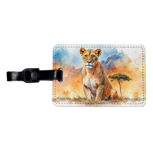 Female Lion African Plain Watercolor Design Travel Faux Leather Luggage Tag