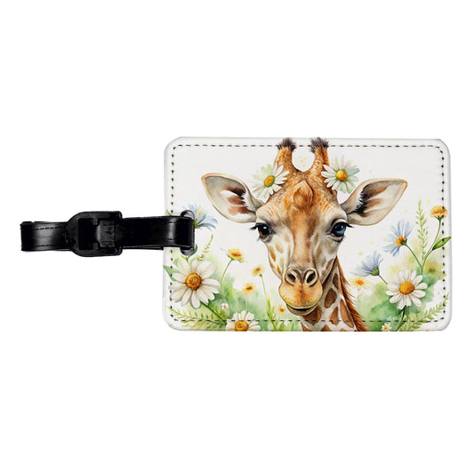 Giraffe Watercolor Design With Daisies Travel Faux Leather Luggage Tag