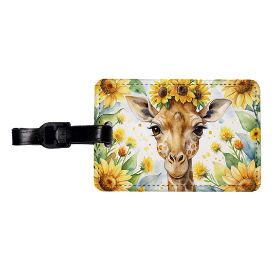 Giraffe Watercolor Design With Sunflowers Travel Faux Leather Luggage Tag