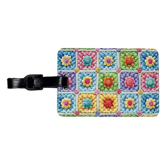 Granny Square Crochet Crocheting Pattern Watercolor Travel Faux Leather Luggage Tag