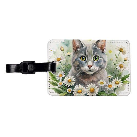 Gray Cat Watercolor Design With Daisies Travel Faux Leather Luggage Tag