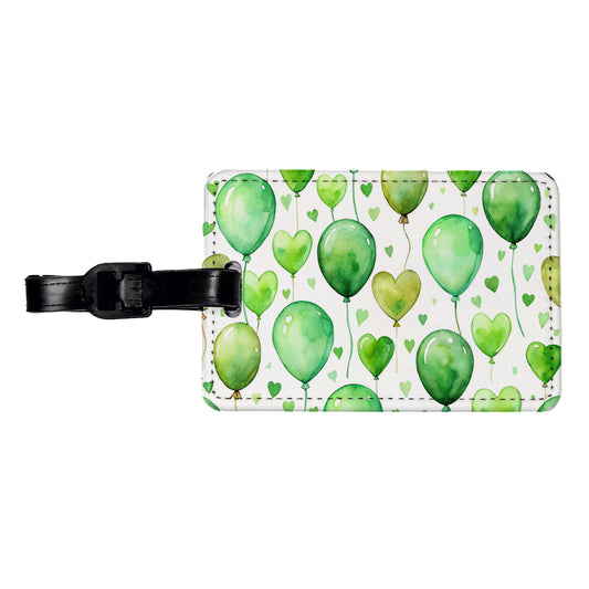 Green Balloons Hearts Watercolor Birthday Travel Faux Leather Luggage Tag