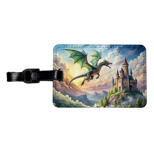 Green Dragon Flying Over Castle Watercolor Fantasy Travel Faux Leather Luggage Tag