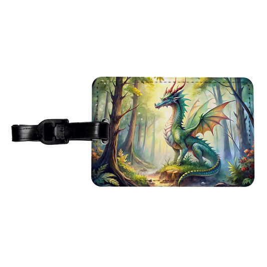 Green Dragon In Forest Watercolor Fantasy Travel Faux Leather Luggage Tag