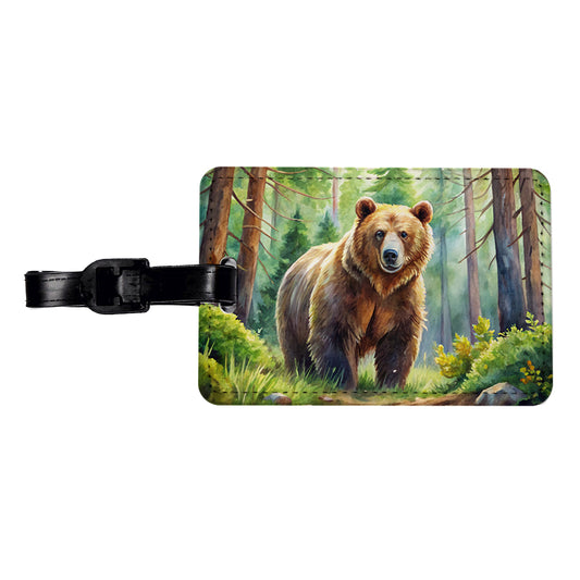 Grizzly Bear In Forest Watercolor Travel Faux Leather Luggage Tag