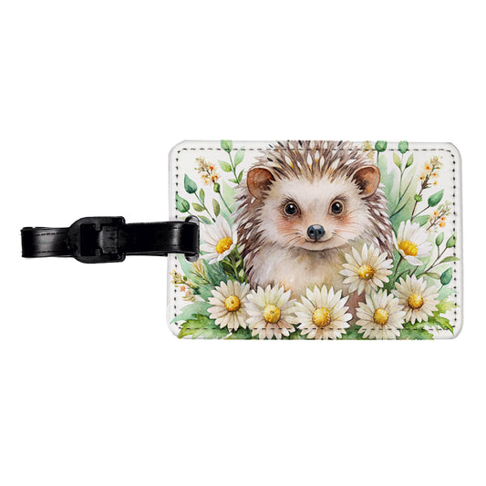 Hedgehog Watercolor Design With Daisies Travel Faux Leather Luggage Tag