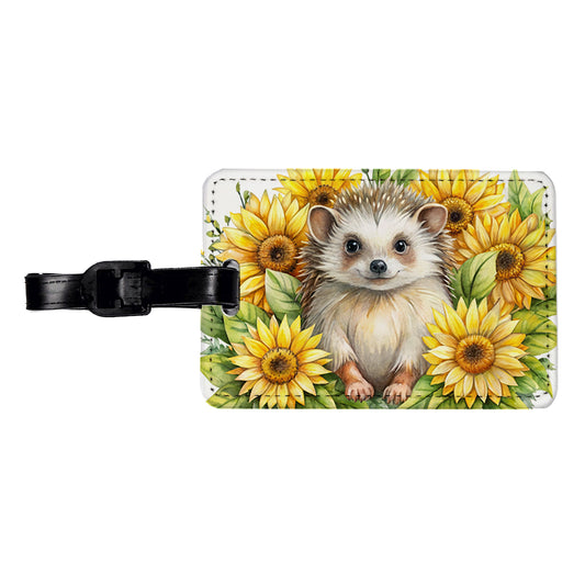 Hedgehog Watercolor Design With Sunflowers Travel Faux Leather Luggage Tag