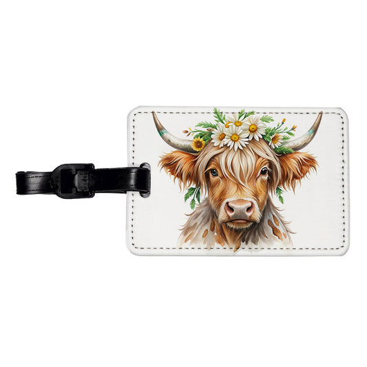 Highland Cow Watercolor Design With Daisies Travel Faux Leather Luggage Tag