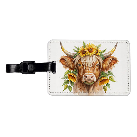 Highland Cow Watercolor Design With Sunflowers Travel Faux Leather Luggage Tag