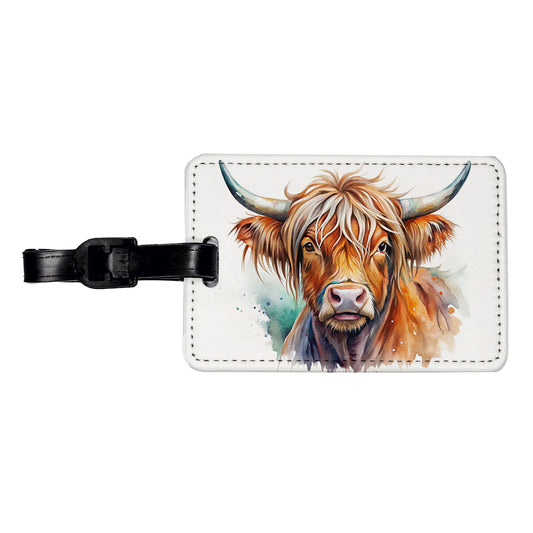 Highland Cow Watercolor Design Travel Faux Leather Luggage Tag