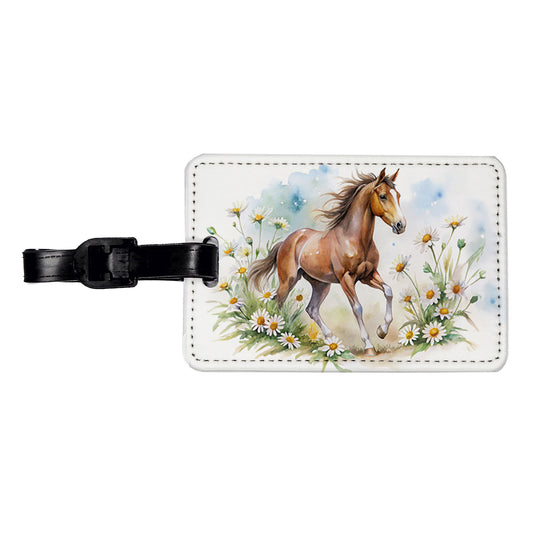 Horse Watercolor Design With Daisies Travel Faux Leather Luggage Tag