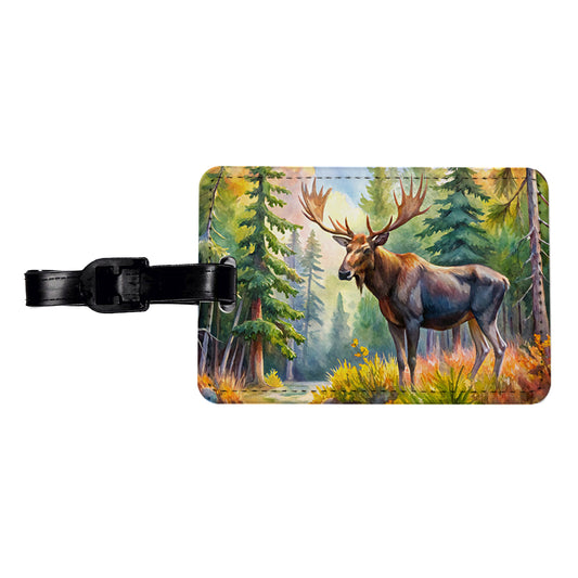 Moose In Forest Watercolor Travel Faux Leather Luggage Tag