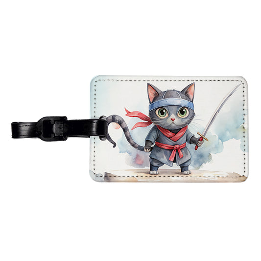 Ninja Cat Watercolor Travel Faux Leather Luggage Tag