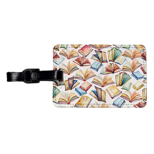 Open Books Watercolor Reader Reading Travel Faux Leather Luggage Tag