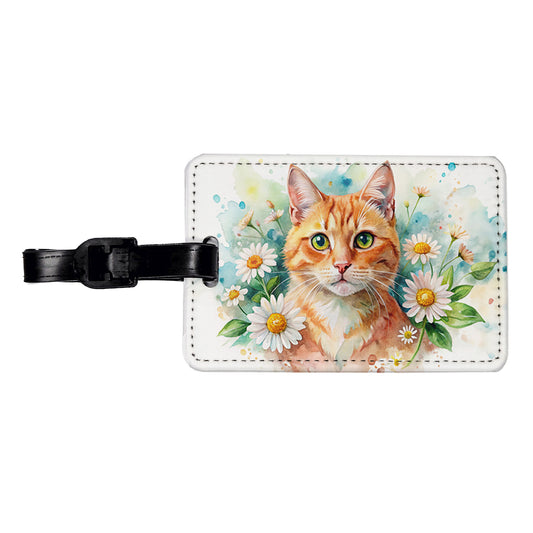 Orange Cat Watercolor Design With Daisies Travel Faux Leather Luggage Tag